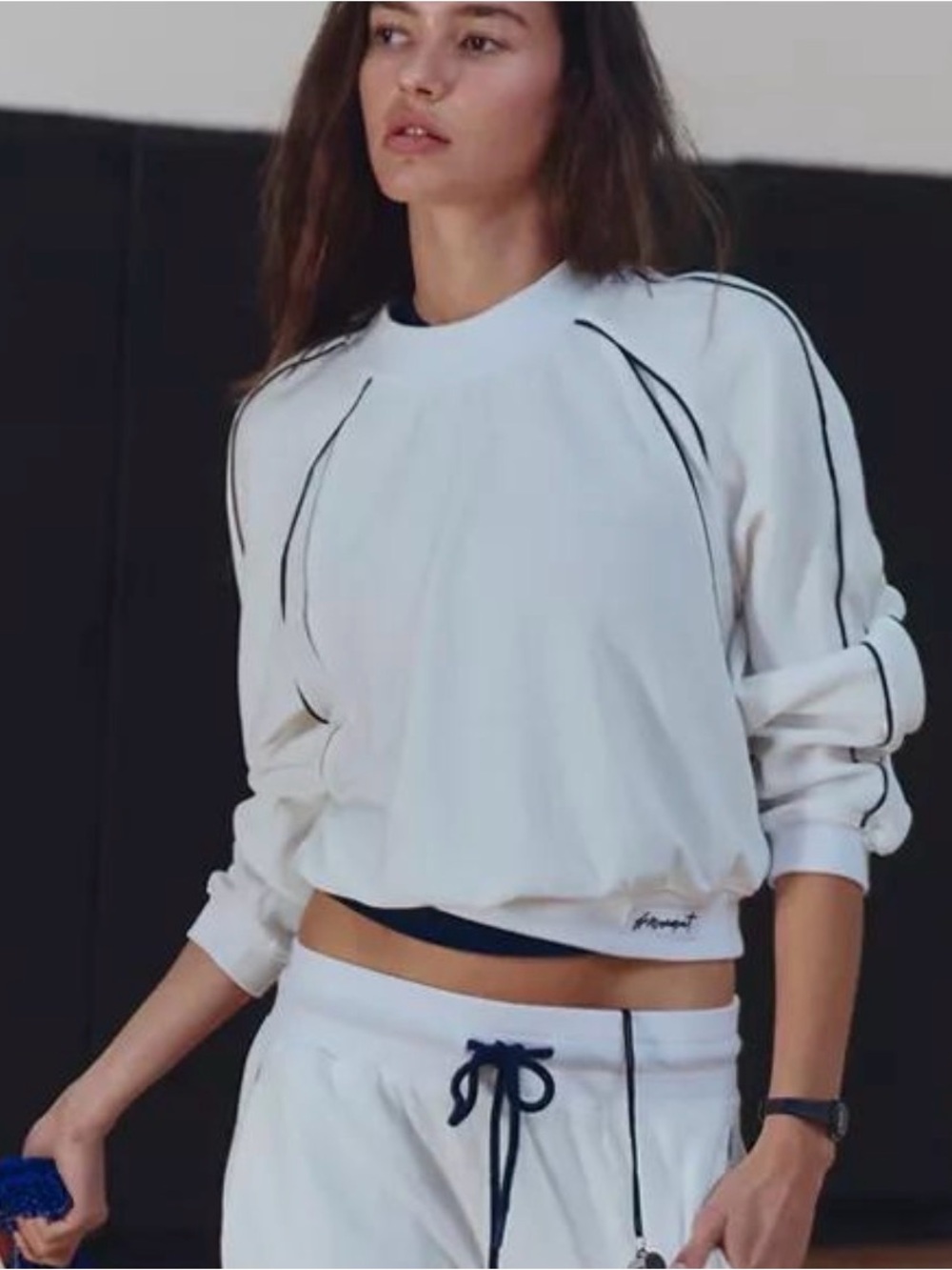Free People FP Movement White Cropped Sweatshirt XS Black Piping